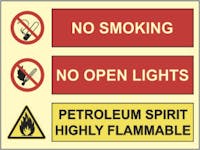 PETROLEUM SPIRIT HIGHLY FLAMMABLE, NO SMOKING, NO OPEN LIGHTS - ETTERLYSENDE PVC SKILT